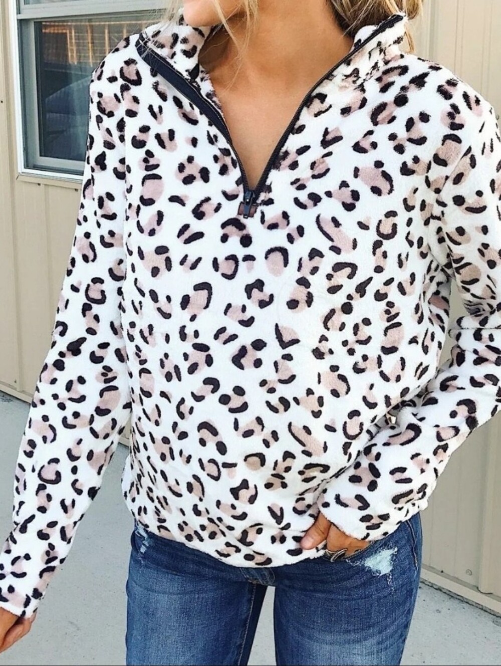 Quarter-Zip Leopard Sherpa Pullover